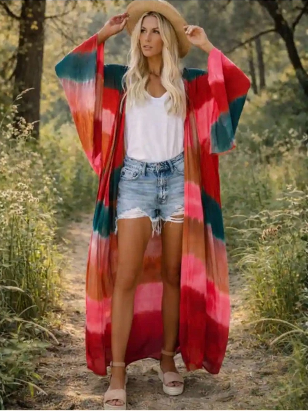 Boho Tie-Dye Long Kimono Duster - Red Multi